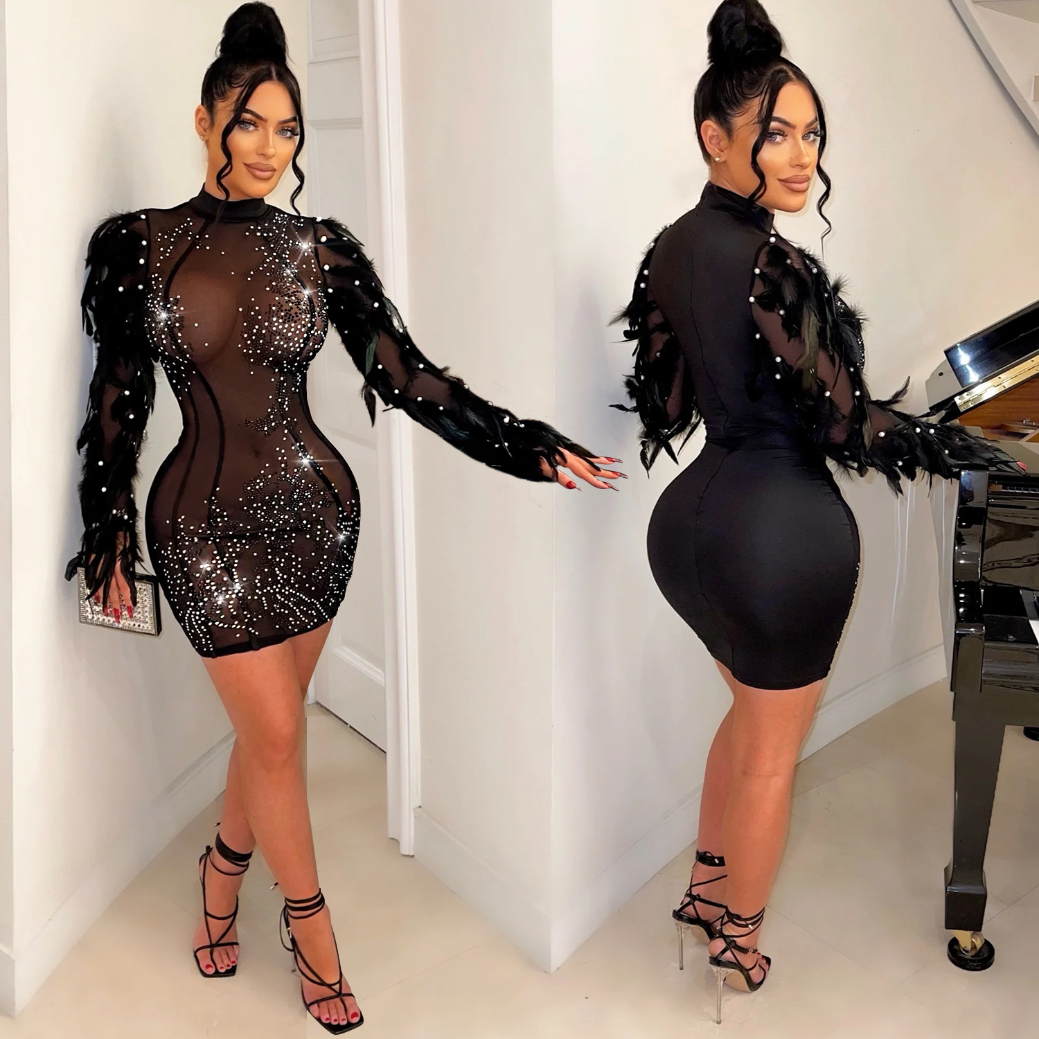 C6802 transfronterizo AliExpress Amazon europeo y americano moda mujer vestido de falda de manga larga de malla de color sólido