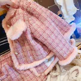 女童套装2025冬新款夹棉加厚毛毛领小香风百搭外套半裙儿童两件套