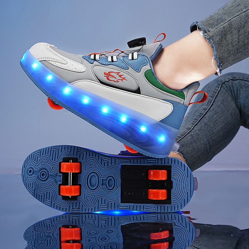 Children's Eight-Wheel Invisible Heelys Shoes Factory Charging Luminous Wheel Shoes for Boys and Girls Four-Wheel Shrinking and Deforming Skates