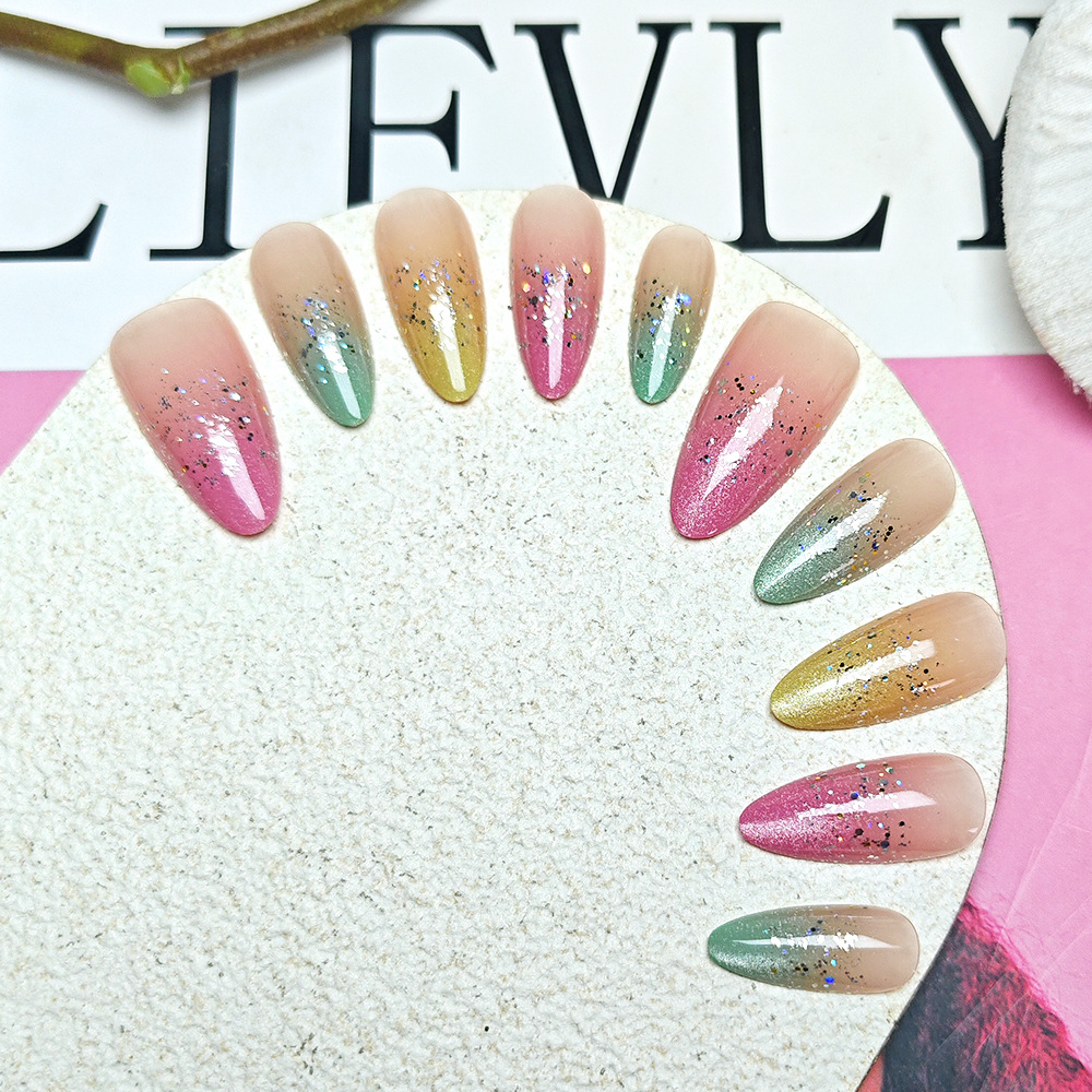 Arco iris lentejuelas almendras uñas vestidas a mano atmósferas coloridas uñas 10 piezas parche de uñas ojo de gato