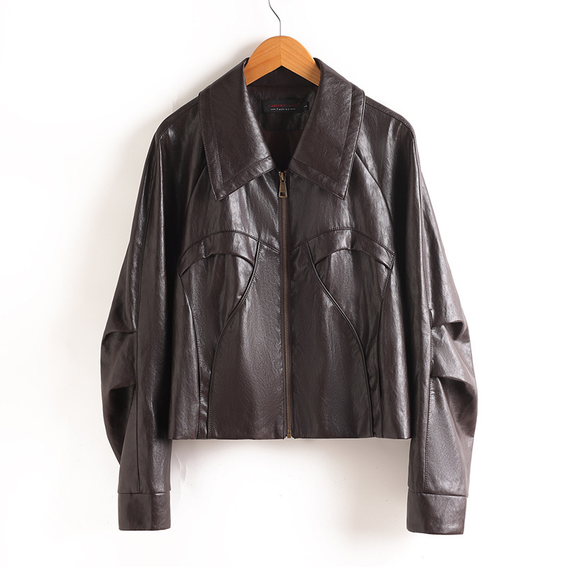 2026 New Black Collared Leather Jacket for Women, Short Leather Coat, Loose Fit, Slimming, Biker Style, Plus Size