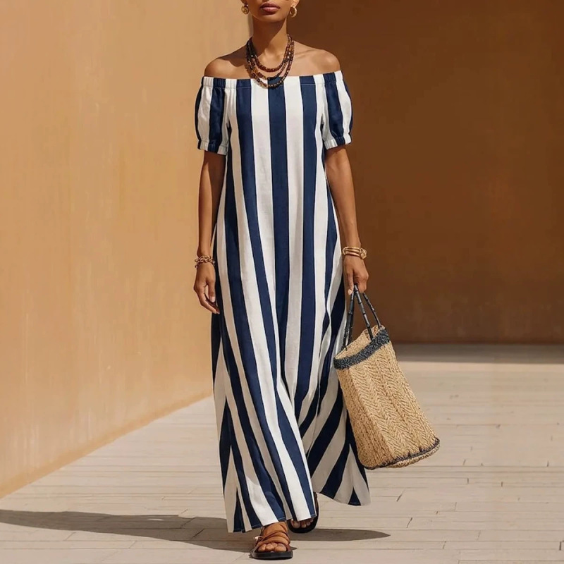 European and American Independent Online Fashion Platform Cross-Border Fashion Loose One-Shoulder Long Striped Print Summer Hot-Selling Short-Sleeve Women's Dress