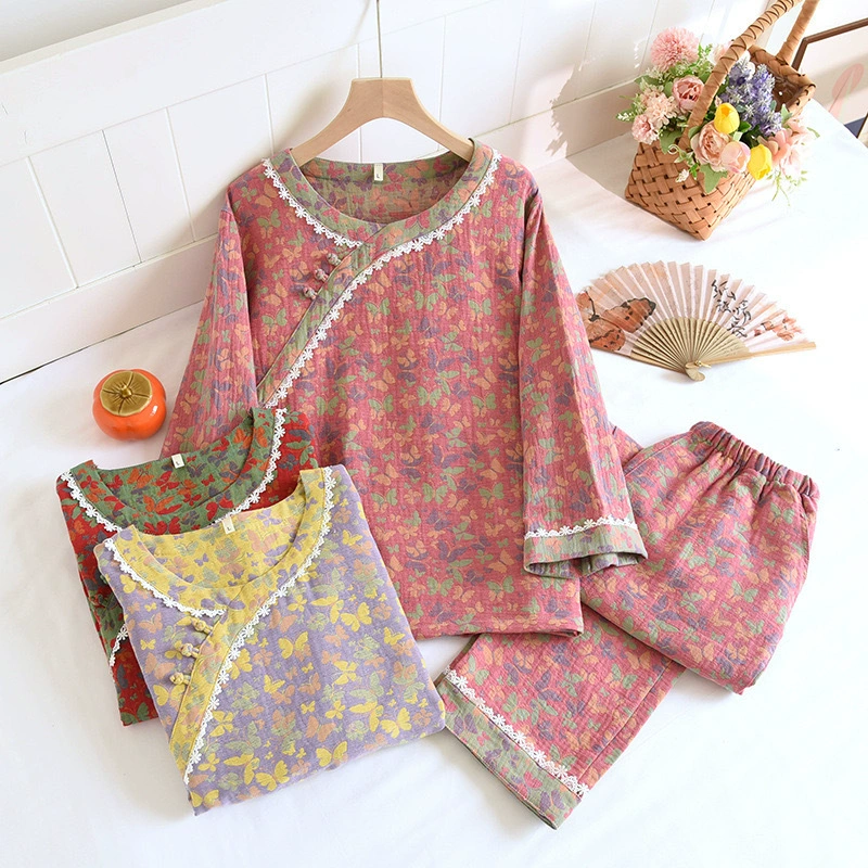 Новый китайский стиль трикотажный хлопчатобумажный пижама женская весна и осень ретро пуговицы с длинными рукавами набор домашней одежды национальный стиль жаккардовый свободный