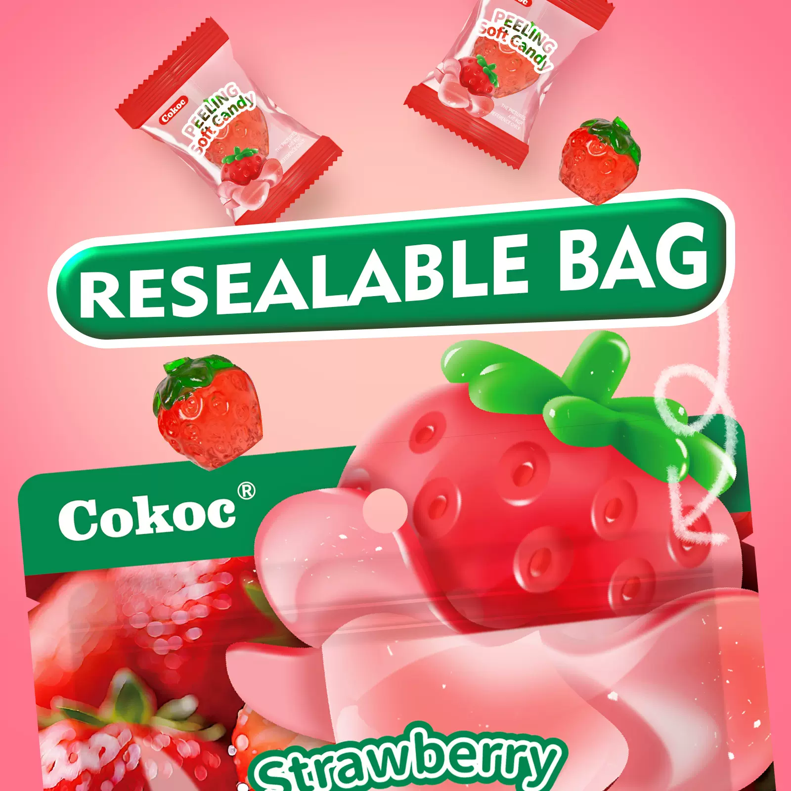 跨境爆款创科奇3D剥皮软糖草莓果汁扒皮软糖水果爆浆夹心剥皮软糖