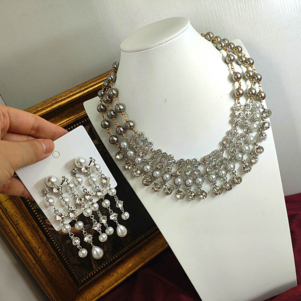 vintage中古宫廷灰色珍珠吸铁石扣镶钻流苏扫肩项链毛衣链耳环女