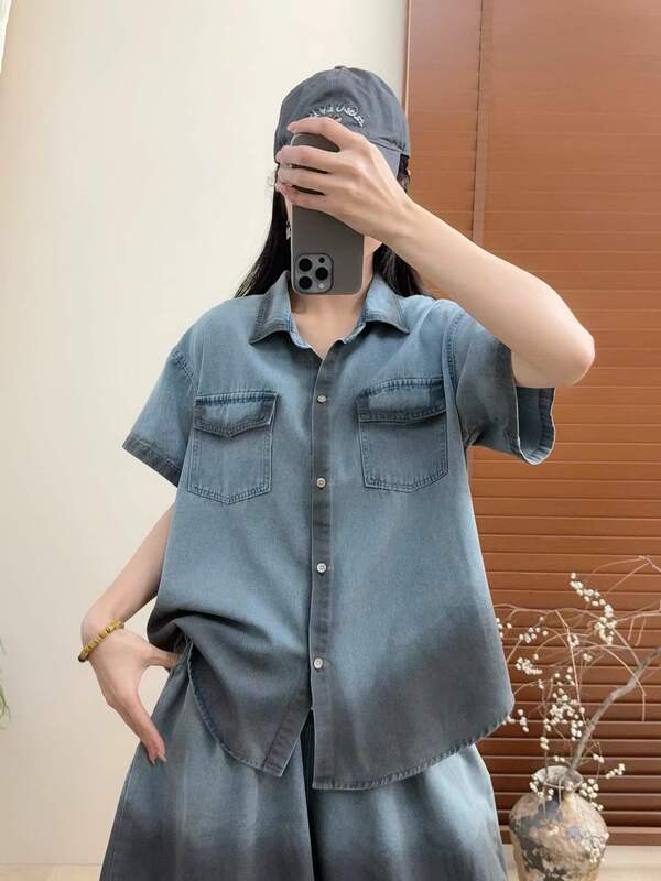 Gradient Color Cuffed Short-Sleeved Denim Shirt 2026 Summer New Style Artistic and Personalized Cardigan Loose Shirt 562