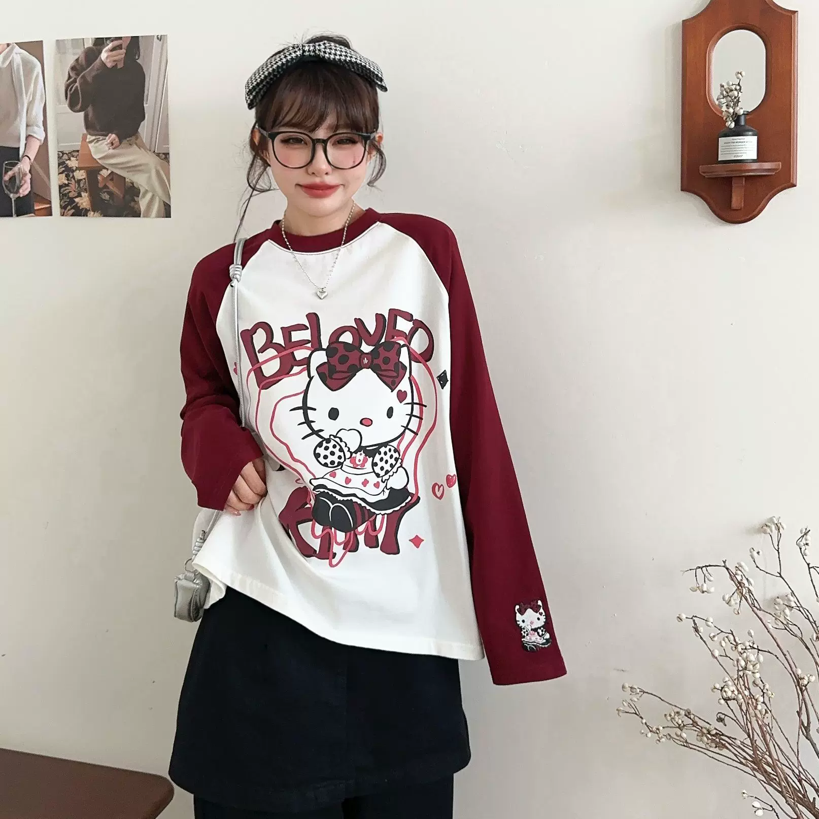 卡通Kitty猫印花撞色拼接长袖纸袋秋季新款韩版休闲百搭女装