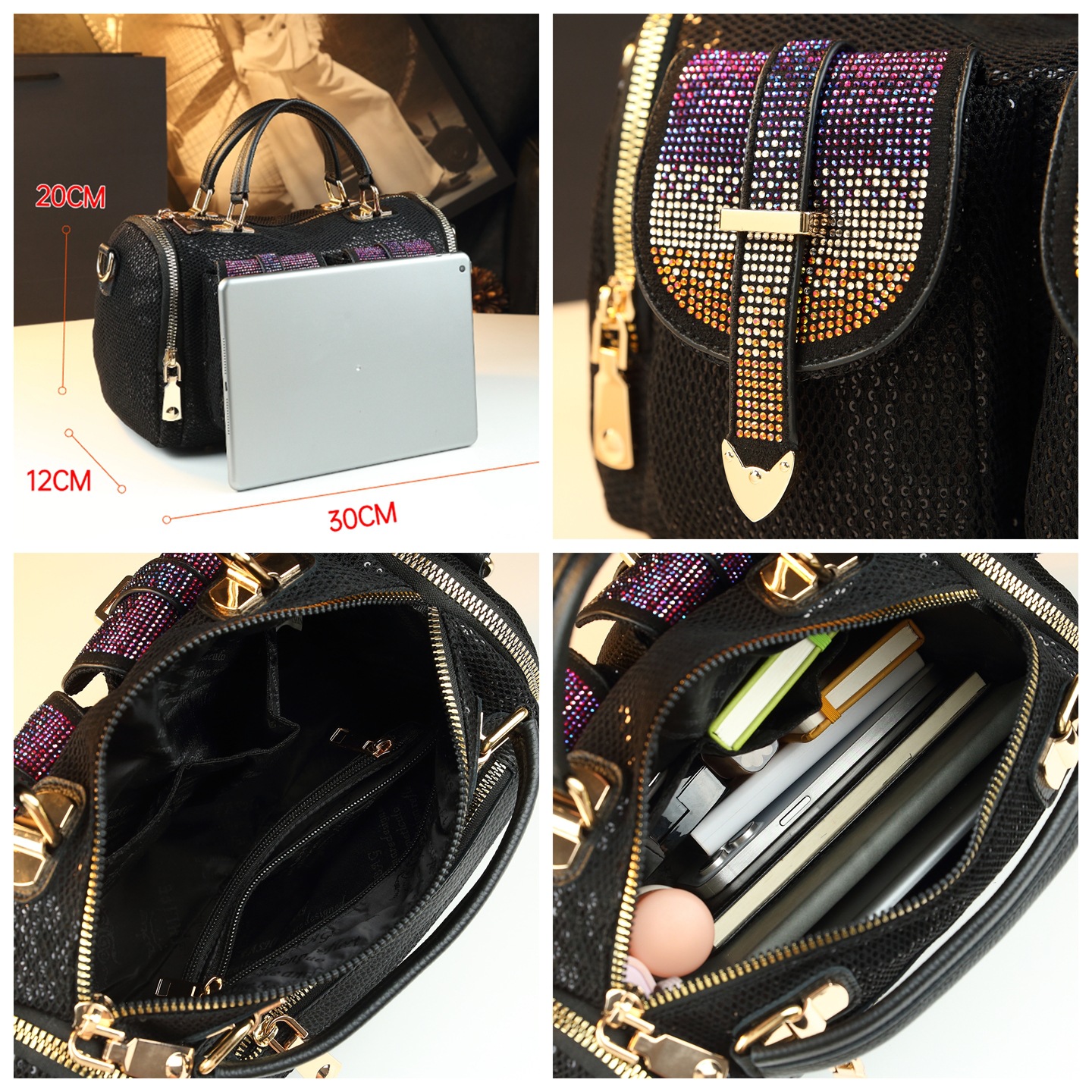 Túi đeo chéo Boston nữ nhiều ngăn đính sequin kim cương — màu đen
