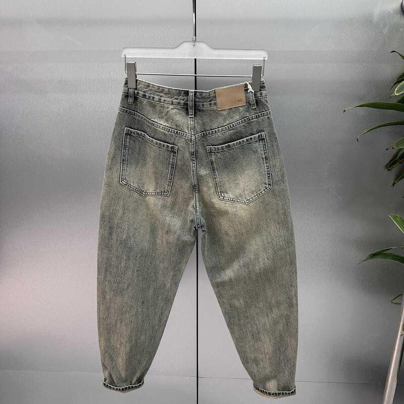 Classic Hong Kong Style Retro American Tapered Dad Jeans for Men, Washed and Distressed, Loose Fit, Casual, Cropped Length