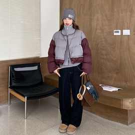 时髦短款针织立领羽绒服女2025冬季加厚宽松撞色拼接减龄面包服潮