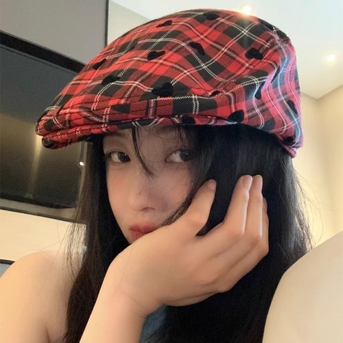 Retro college style forward cap, plaid artist beret subculture, feminine casual versatile duckbill hat, sweet and cool, spicy girl
