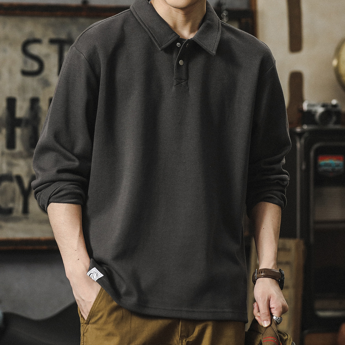 Long-Sleeved Polo Shirt Men's American Pure Color Bottoming Shirt T-Shirt Loose Large Size Shirt Collar Lapel Sweatshirt