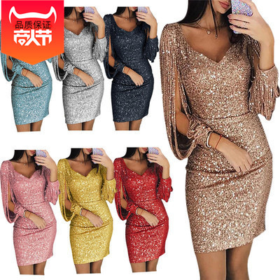 European and American foreign trade Amazon hot new sexy nightclub evening tassel hip dress