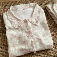 新品！玛格丽特纯棉双层纱花边长袖睡衣女秋季家居服套装可外穿
