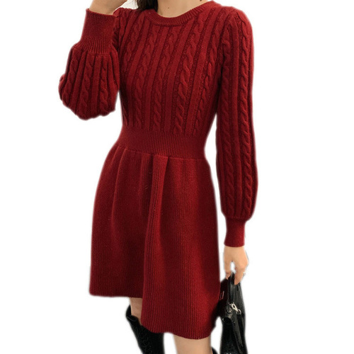 Knitted Dress for Women - Spring Style, Korean Version, Fitted Waist, Slimming Base Knit Sweater Dress, European and American Style