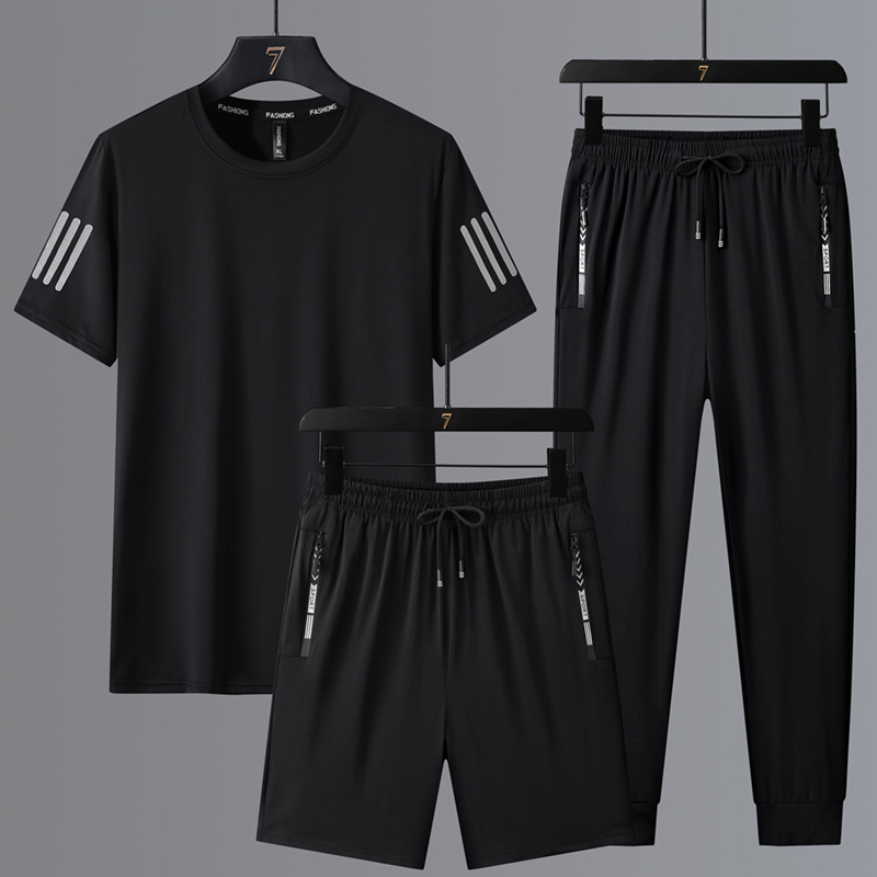 Traje de ocio deportivo de seda de hielo de talla grande para hombre de verano camiseta de cuello redondo pantalones sueltos de manga corta de secado rápido tres piezas