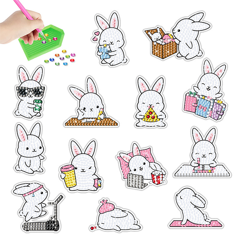 Venta caliente de dibujos animados conejo pegatinas de diamante pintura pegatinas gratis DIY ladrillo pintura pared pegatinas niños hecho a mano pegatinas diamante redondo