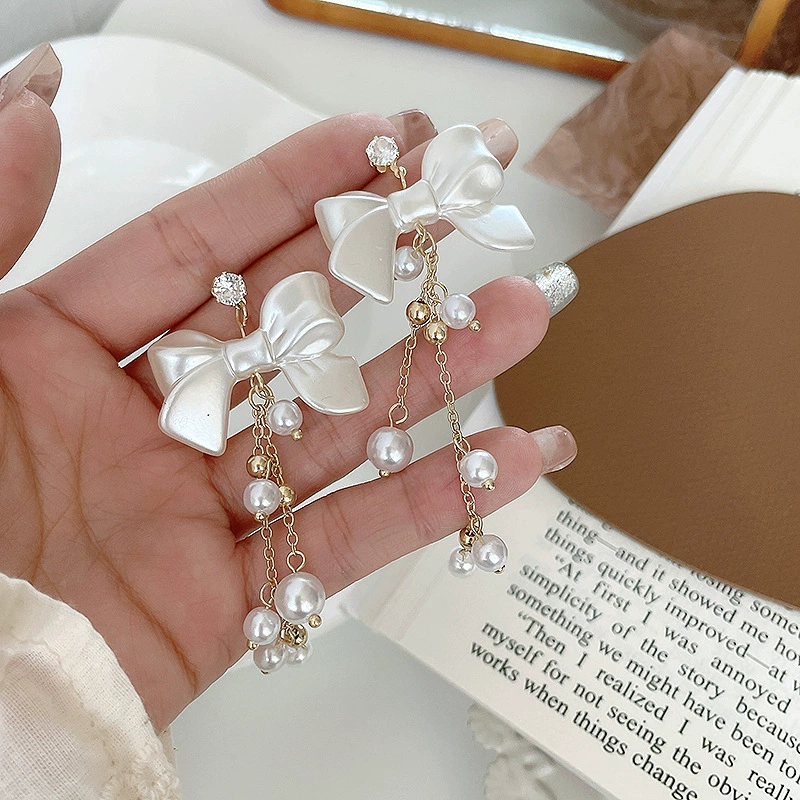 Серебряная игла из жемчуга, длинные милые серьги с бантом и кисточками, серебро 925 образец