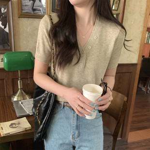 in stock Real Price Spring and Summer Korean V-neck Half Open Button Design Temperament 6 Wool Knitwear Short Sleeve Top Women