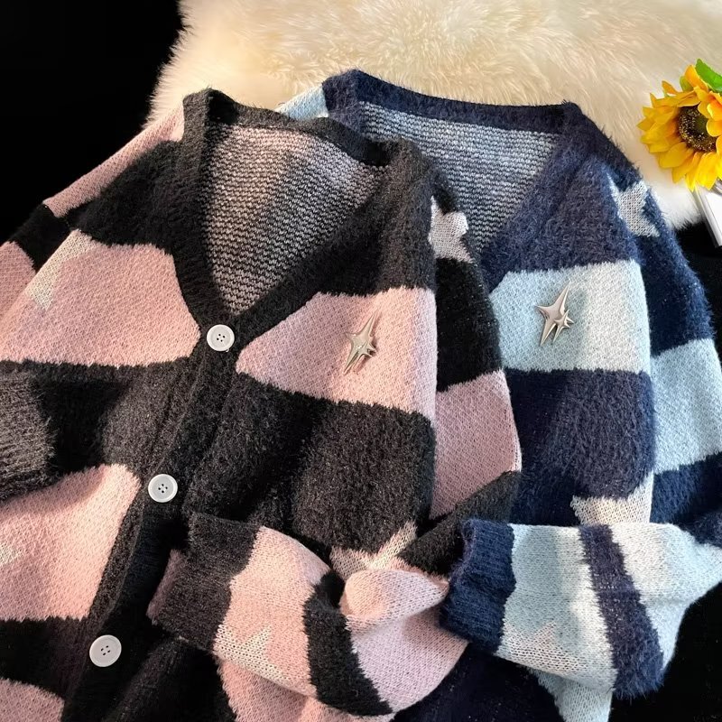 Trendy Winter Trendy V-neck 2022 Cardigan Casual Sweater Striped Loose Knitwear Men's Youth Popular Long-sleeved Sweater