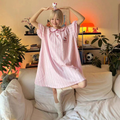 ピンクキティテンセルコットンルーズ半袖ナイトガウン2025夏の新しいスタイルのかわいいホーム服は女性用パジャマの外で着用できます