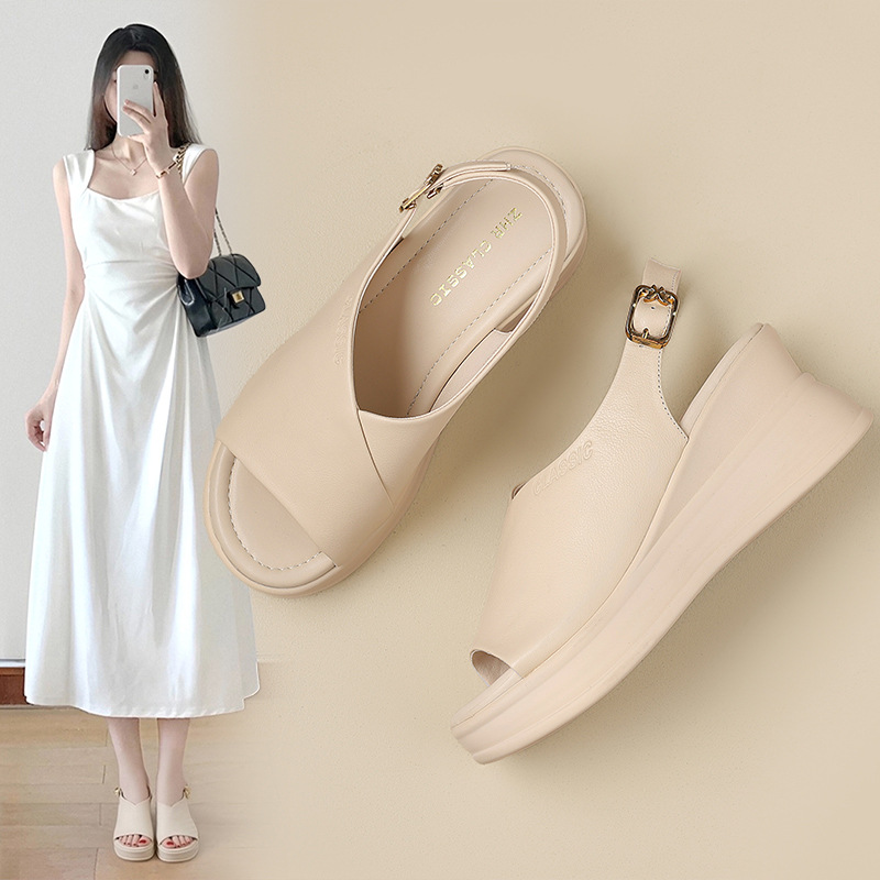 Sandal đế xuồng da bò thật ZHR tăng chiều cao, quai ngang, phong cách thanh lịch — JE20 màu be