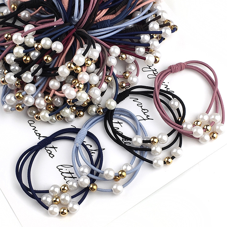 8g Weight Hair Tie Hair Accessories Type Korean Style Three-in-one Pearl Hair Band High Elasticity Simple Handmade Knotted Hair Rubber Band Hair Rope Factory Wholesale