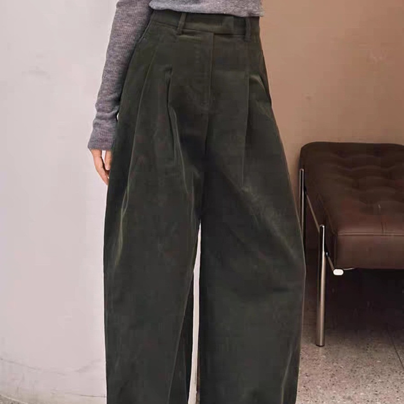 Highly Recommended! Green Straight-Leg Cuffed Casual Pants for Women, Japanese Retro High-Waisted Corduroy Wide-Leg Pants