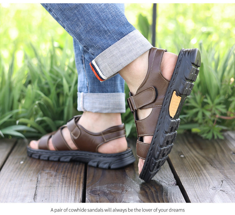 Dép sandal nam da bò hở ngón đi biển chống trượt — nâu, đen chi tiết 16