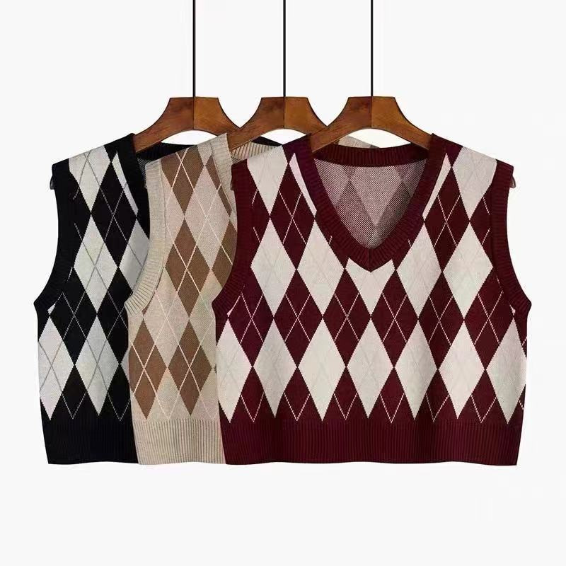 Loose pullover Rhombus chaleco desgaste exterior de las mujeres primavera y otoño 2023 nuevo retro apilados punto Chaleco corto