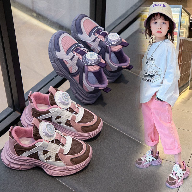 Детские кроссовки для девочек весна-осень 2025, новые, с вращающейся застежкой, мягкой подошвой, повседневные, универсальные, легкие.