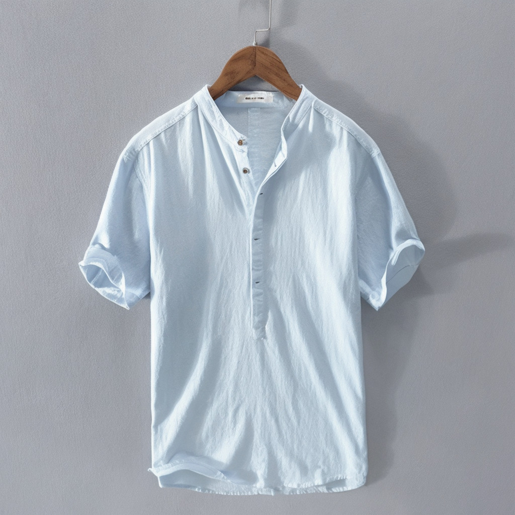 Breathable Linen Blend Short Sleeve Shirt For Men, Casual Summer Pullover Top With Comfort Fit_viptrois.com