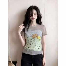 辣妹风撞色透视网纱拼接短袖T恤女夏季重工烫钻小众掐腰显瘦上衣