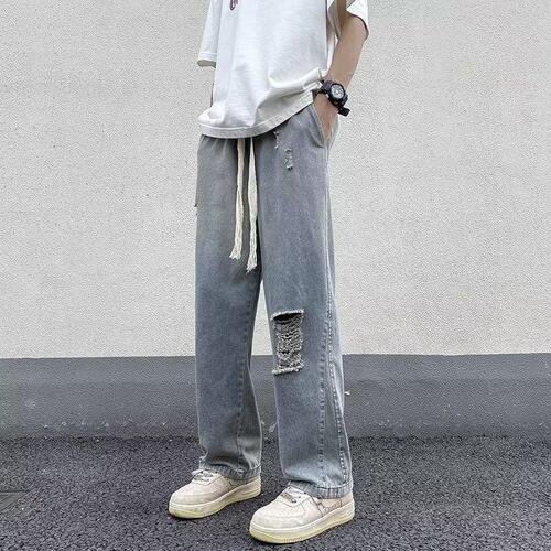 Men's Summer Thin Loose Straight Leg Stretch Waist Denim Jeans Streetwear Trendy American High Street Flowy Wide Leg Pants