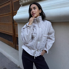 2025新款跨境欧美休闲外套棉服可立领纯色系带冬季保暖棉衣女装