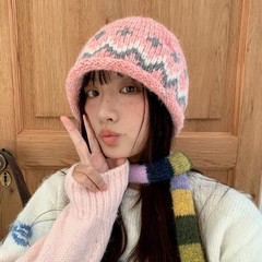 韩系文艺复古提花针织包头帽女费尔岛风保暖套头帽秋冬毛线帽冷帽