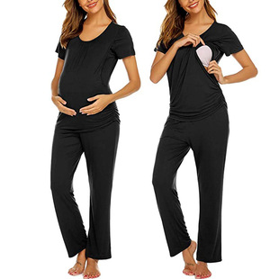 Amazon in stock European and American Summer Women's Short-sleeved Trousers Maternity Wear Crewneck Solid Color Breast-feeding Wear Breast-feeding Wear suit