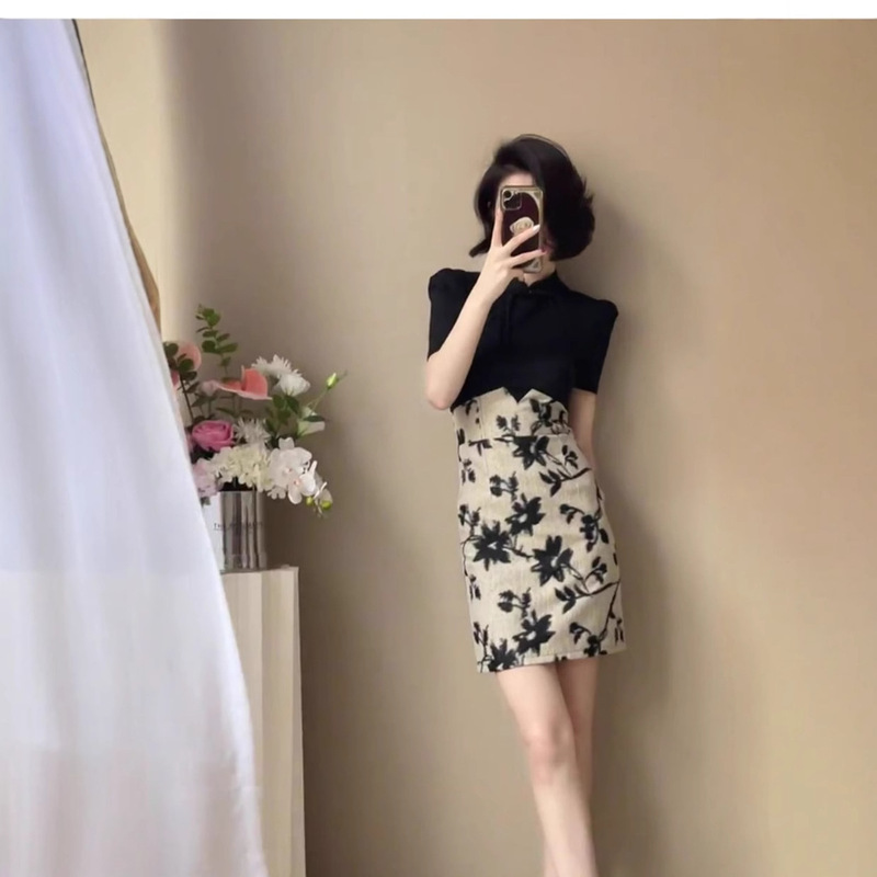 FL231494 Summer New Arrival Fine Formal Occasion Cheongsam Young Fashion Elegant Black Stitching dress Women