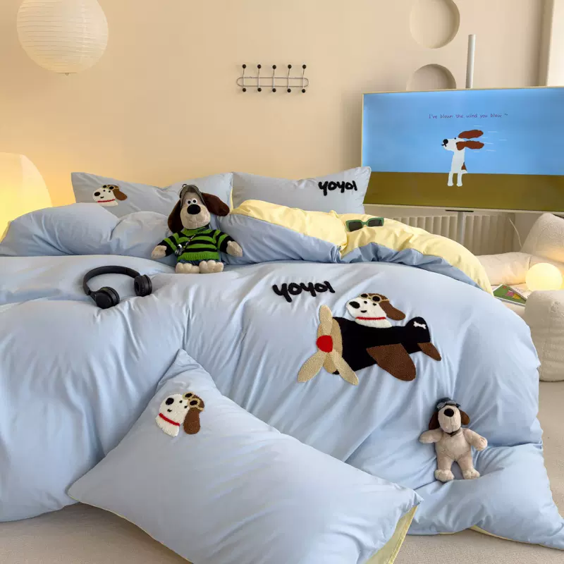 水洗磨毛飞行员毛巾绣四件套学卡通纯棉床笠款被套三件套床上用品