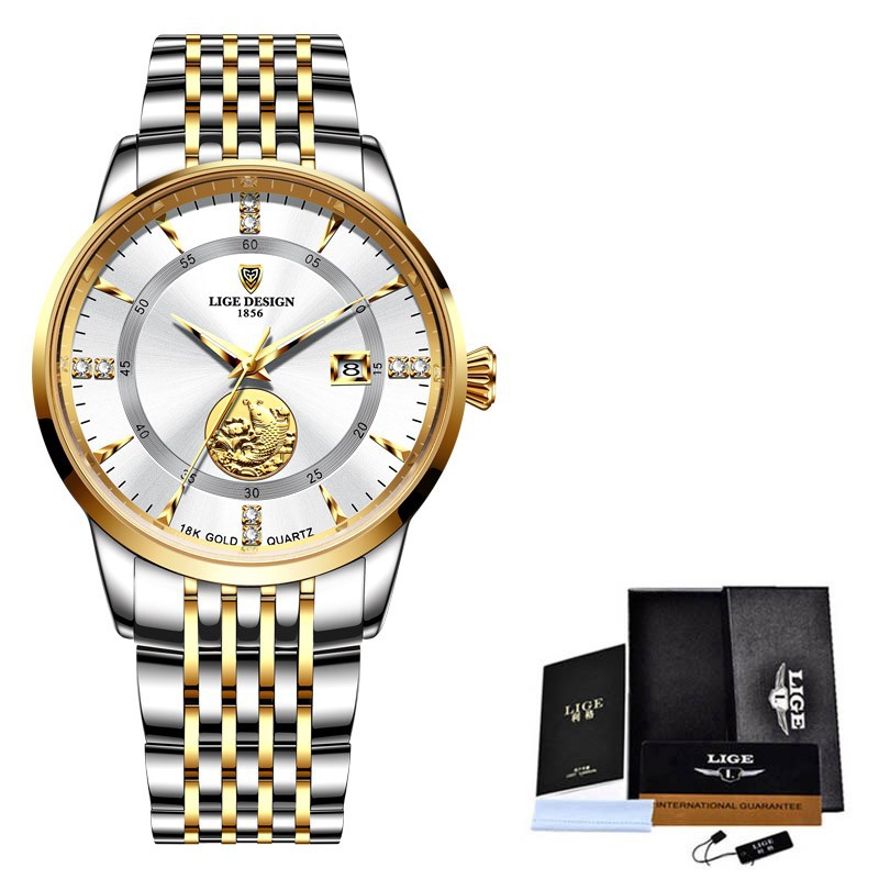 LIGE10050 nueva serie de Lucky Lotus koi reloj de regalo conmemorativo calendario cinturón de acero de negocios incrustado con diamantes
