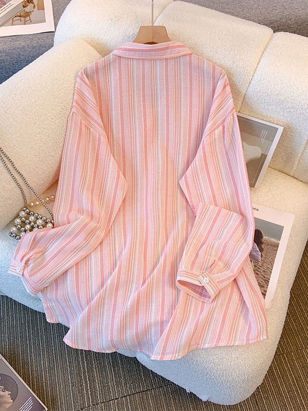 65-160kg Plus Size Women's Casual Shirt 2026 Spring and Autumn New Style for Chubby Girls Striped Sun-Protective Long-Sleeve Top