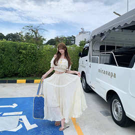 泰国清迈云南度假穿搭温柔风一字肩气质短袖荷叶边半身裙套装