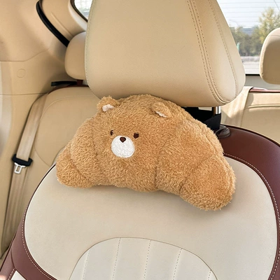 Cute Car Lumbar Support, Headrest - croissant-bear-headrest-coffee-color
