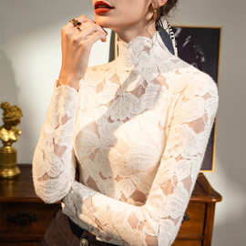 温柔蕾丝衫秋冬新款外穿长袖打底衫内搭叠穿高领上衣女