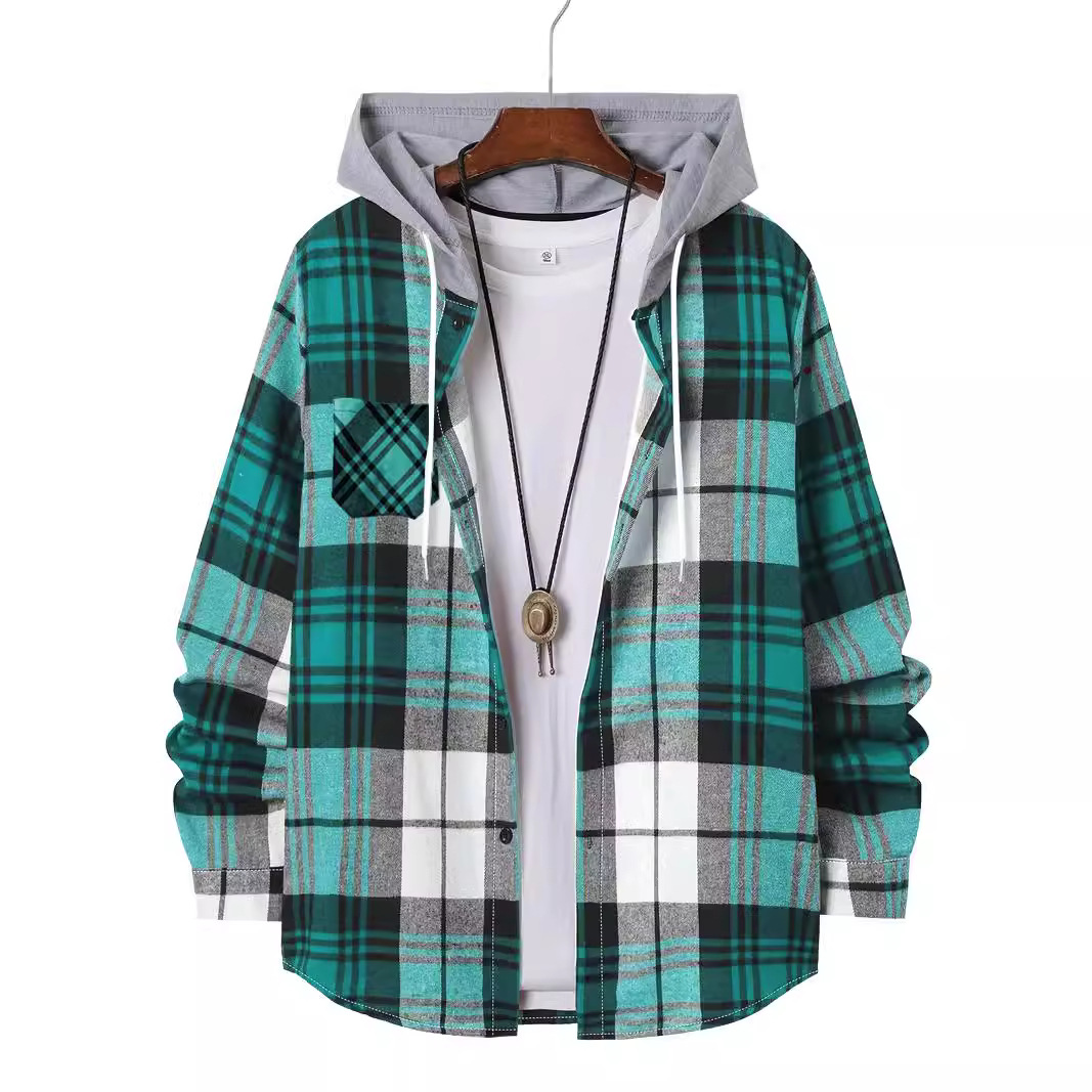 Monochrome Man- Cross-Border European American Men's Spring And Autumn Casual Cotton Blend Hooded Long-Sleeve Plaid Shirt_voghion.com