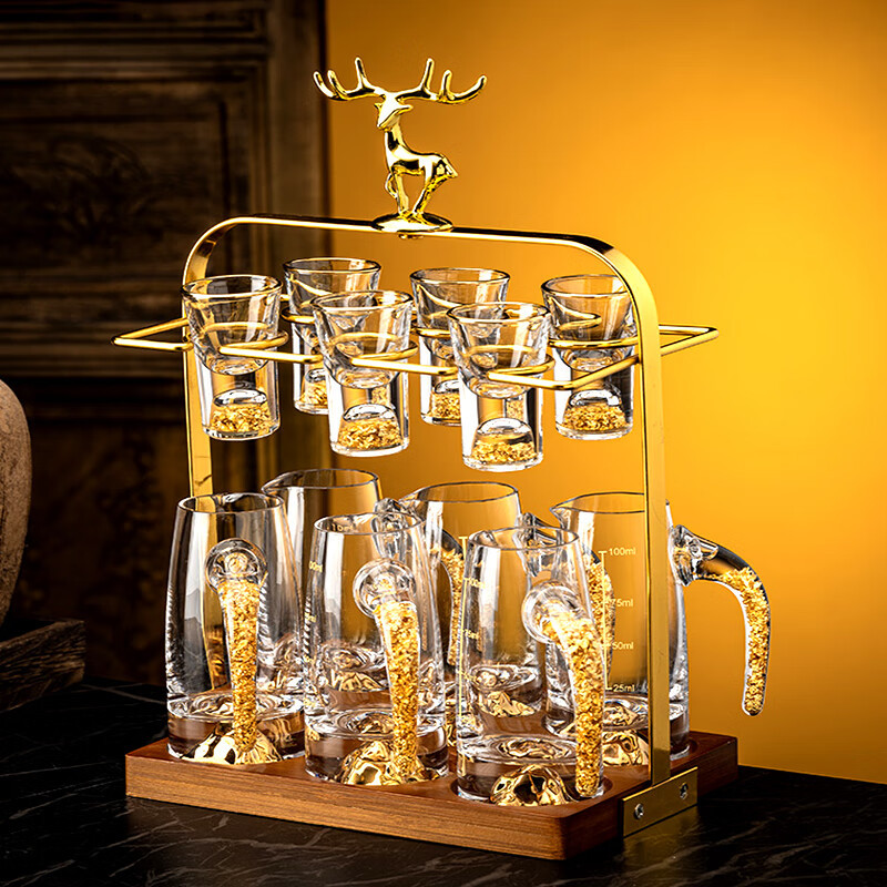 Juego de copas de licor de vidrio con oro, estilo chino, conjunto elegante de vasos pequeños y jarra, venta al por mayor