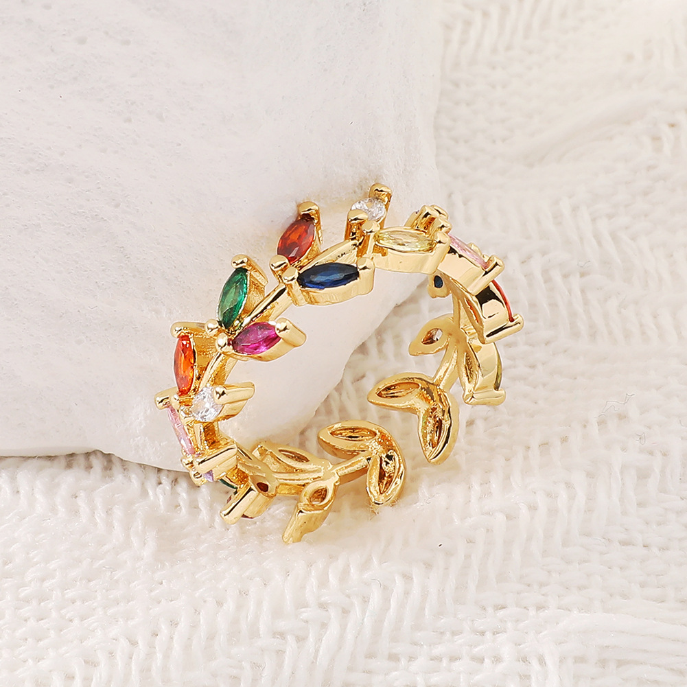 Sweet Leaf Copper Plating Zircon Open Ring 1 Piece