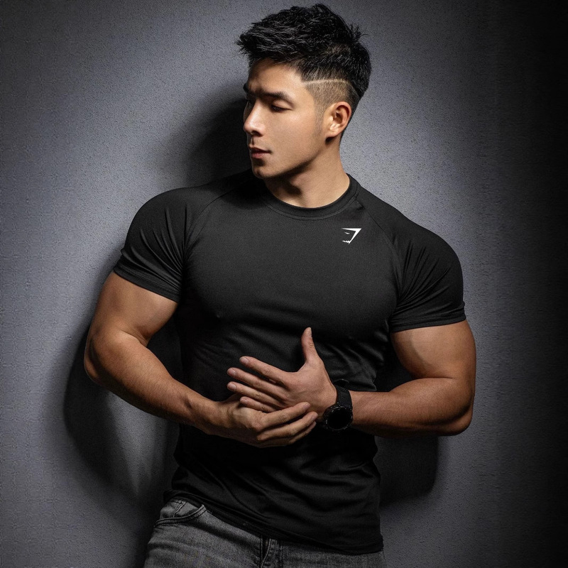 Gymshark Fitness Short-Sleeved 2025 New Export Muscle Sports Tight T-Shirt Printed Elastic Quick-Drying T-Shirt