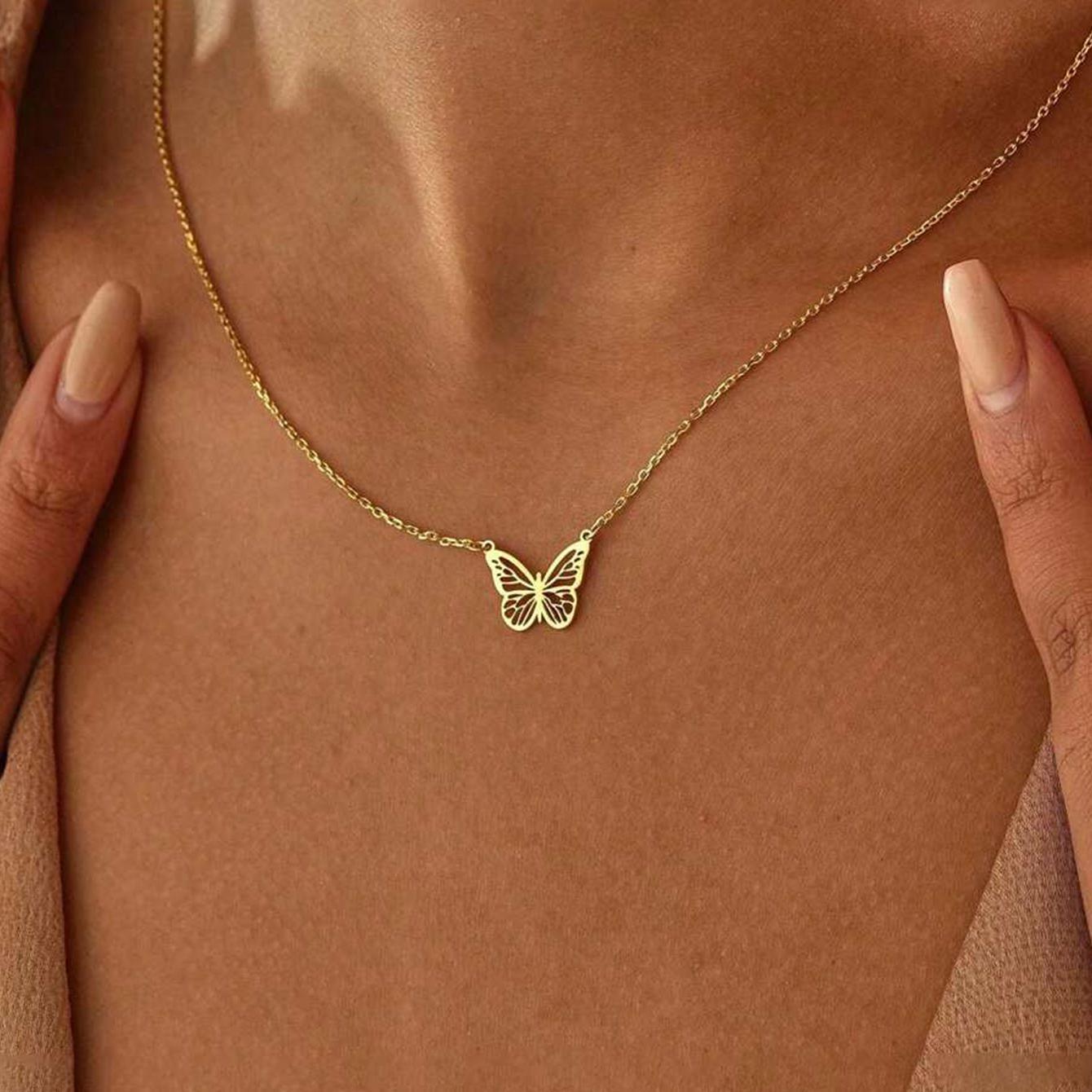 Amazon's New Stainless Steel Gold-Plated Butterfly Necklace Simple and Fashionable Women's Non-Discoloration Necklace