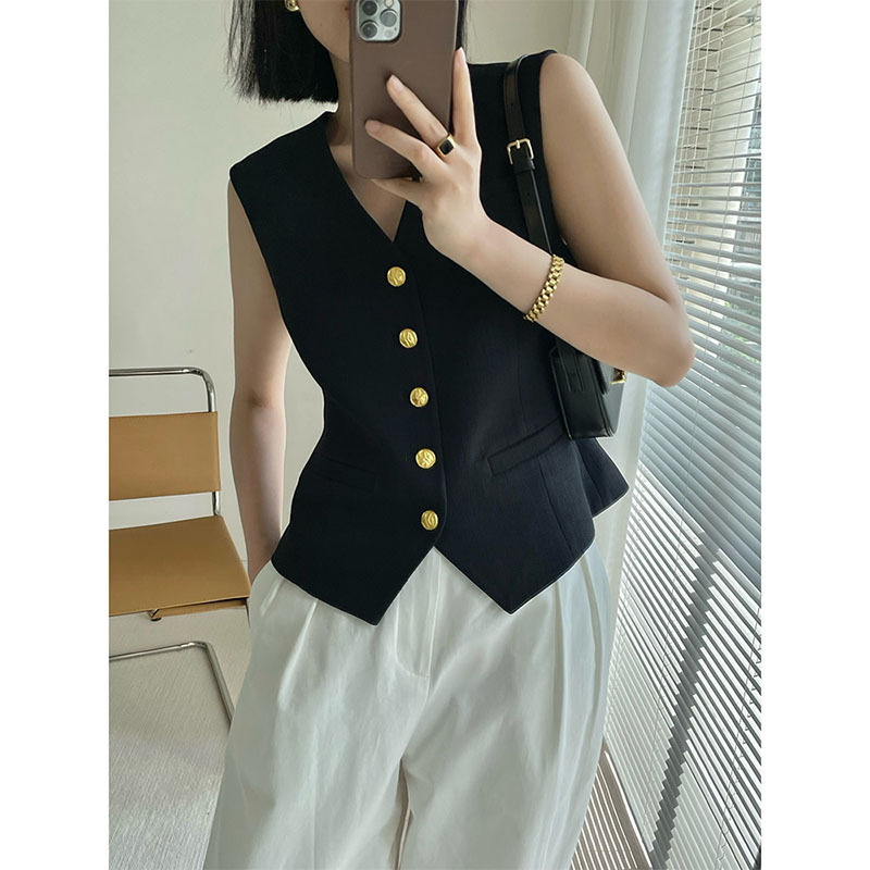 Vintage High-end Black V-neck Suit Vest Women's Summer Elegant Tight Waist Slimming Short Chanel Style Vest Jacket